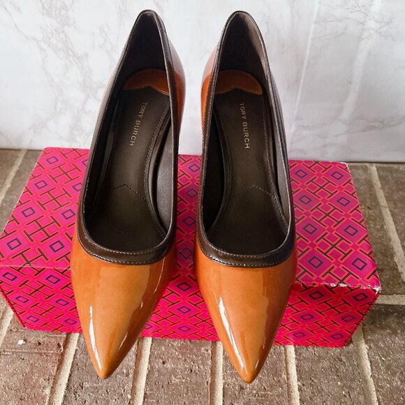 Tory Burch Angle Pointed Toe Heel Pump Tan Cuoio/chocolate Patent Leather US 7 - Picture 3 of 8